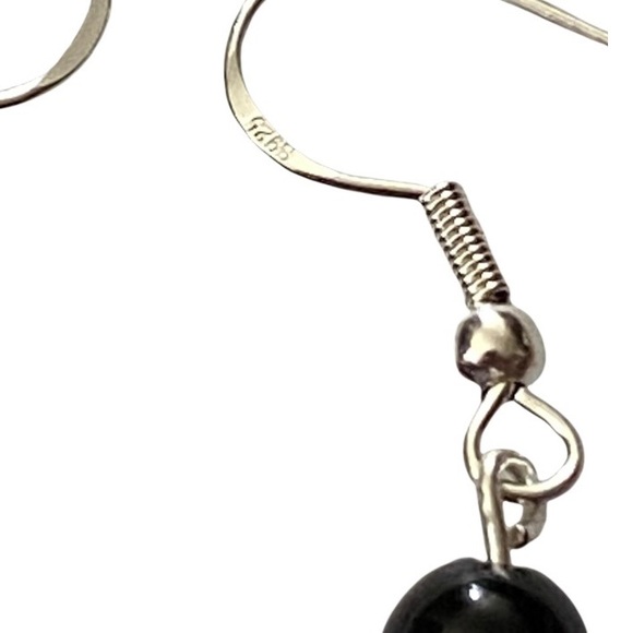Hand Crafted Earrings Black Agate Long Round Sterling Silver Dangle Pierced - Picture 4 of 5